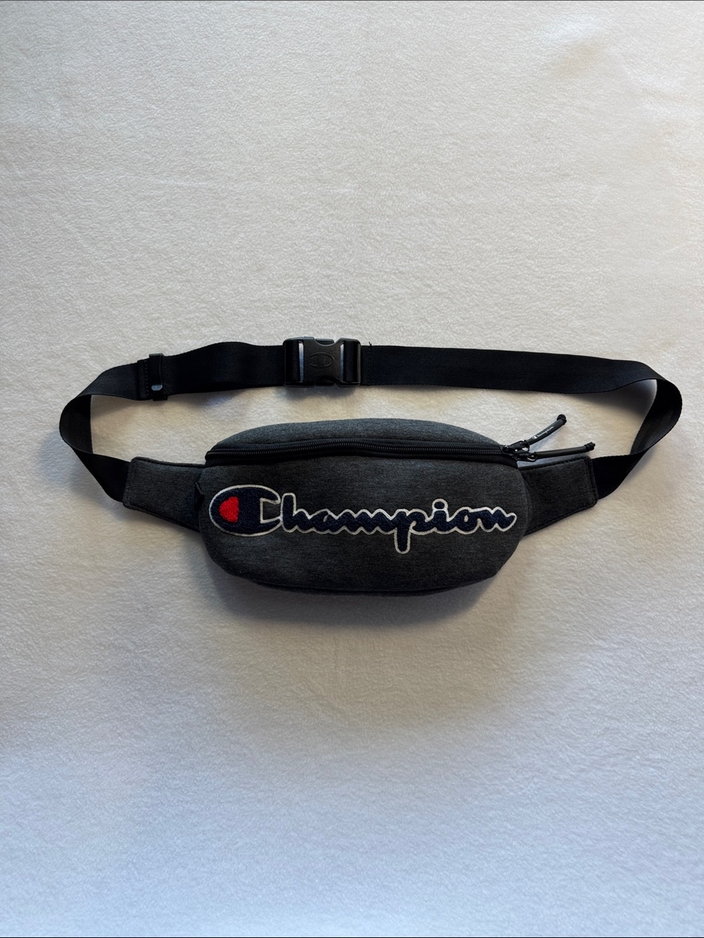 Champion Dark Gray Waist Pack with Red Logo Accent